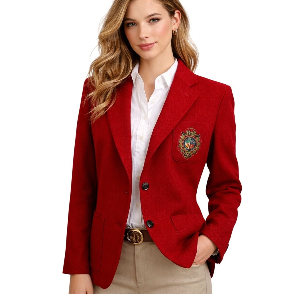 Lauren Ralph Lauren Women Blazer Red Wool Cashmere Embroidered Crest Size 8  90s
